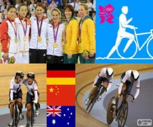 Puzzle Podium cyclisme sur piste vitesse pour les équipes féminines, Kristina Vogel, Miriam Welte (Allemagne), Gong Jinjie, Shuang Guo (Chine) et Kaarle McCulloch, Anna Meares (Australie) - Londres 2012-