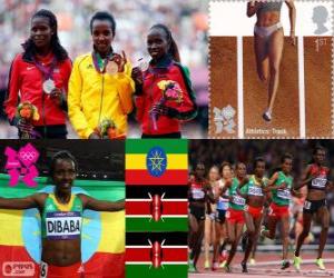 Puzzle Podium d'athlétisme 10 000 m féminin, Tirunesh Dibaba (Ethiopie), Sally Kipyego et Vivian Cheruiyot (Kenya) - Londres 2012-