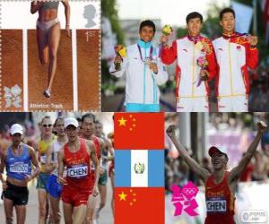 Puzzle Podium d'athlétisme 20 kilomètres marche hommes, Chen Ding (Chine), Erick Barrondo (Guatemala) et Wang Zhen (Chine) - Londres 2012-