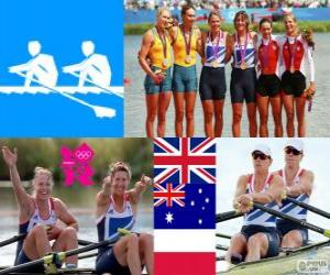 Puzzle Podium d'aviron deux de couple femmes, Anna Watkins, Katherine Grainger (Royaume Uni), Kim Crow, Brooke Pratley (Australie) et Magdalena Fularczyk, Julia Michalska (Pologne) - Londres 2012-