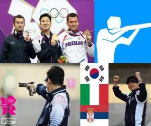 Puzzle Podium de tir, hommes 10 m pistolet à air, Jin Jingoh (Corée du Sud), Luca Tesconi (Italie) et Andrija Zlatić (Serbie)