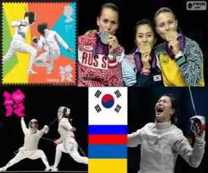 Puzzle Podium d'escrime sabre féminin individuel, Kim Ji-Yeon (Corée du Sud), Sofia Velikaïa (Russie) et Olga Jarlan (Ukraine) - Londres 2012-