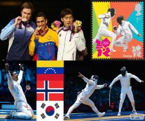 Puzzle Podium escrime épée individuel hommes, Rubén Limardo Gascón (Venezuela), Bartosz Piasecki (Norvège) et Jin Jung-Sun (Corée du Sud) - Londres 2012 -