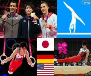 Puzzle Podium Gymnastique artistique concours général individuel hommes podium, Kohei Uchimura (Japon), Marcel Nguyen (Allemagne) et Danell Leyva (États-Unis) - Londres 2012-