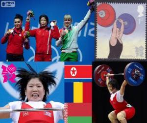 Puzzle Podium Haltérophilie moins de 69 kg femmes, Rim Jong-Sim (Corée du Nord), Roxana Cocoş (Roumanie) et Maryna Shkermankova (Bilorrusia) - Londres 2012-