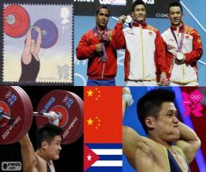 Puzzle Podium haltérophilie Moins de 77 kg hommes, Lu Xiaojun, Wu Jingbao (Chine) et changer de Iván Rodríguez (Cuba) - Londres 2012 -