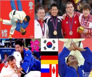 Puzzle Podium Judo hommes - 81 kg, Kim Jae-Bum (Corée du Sud), Ole Bischof (Allemagne) et Ivan Nifontov (Russie), Antoine Valois-Fortier (Canada) - Londres 2012-