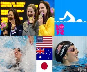 Puzzle Podium natation 100 m dos femmes, Missy Franklin (États-Unis), Emily Seebohm (Australie) et Aya Terakawa (Japon) - Londres 2012-