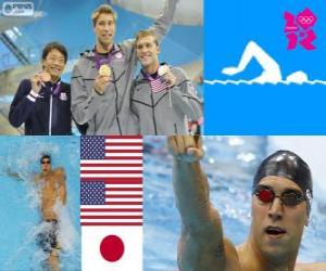 Puzzle Podium natation 100 m dos hommes, Matt Grevers, Nick Thoman (États-Unis) et Ryosuke Irie (Japon) - Londres 2012-