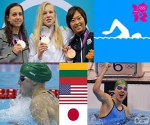Puzzle Podium natation 100 mètres brasse femmes, Rūta Meilutytė (Lituanie), Rebecca Soni (États-Unis) et Satomi Suzuki (Japon) - Londres 2012-