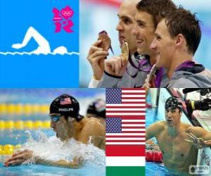 Puzzle Podium Natation 200 m 4 nages hommes, Michael Phelps, Ryan Lochte (États-Unis) et László Cseh (Hongrie) - Londres 2012-