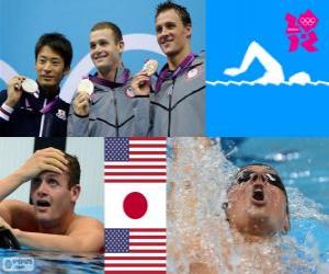 Puzzle Podium natation 200 m dos hommes, Tyler Clary (États-Unis), Ryosuke Irie (Japon) et Ryan Lochte (États-Unis) - Londres 2012-