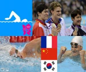 Puzzle Podium natation 200 m nage libre hommes, Yannick Agnel (France), Sun Yang (Chine) et Park Tae-Hwan (Corée du Sud) - Londres 2012 - 200 m hommes