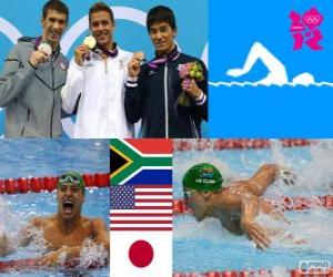 Puzzle Podium natation 200 m papillon hommes, Chad le Clos (Afrique du Sud), Michael Phelps (Etats-Unis), Takeshi Matsuda (Japon) - Londres 2012-