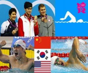 Puzzle Podium natation 400 m nage libre hommes, Sun Yang (Chine), Park Tae-Hwan (sud de la Corée) et Peter Vanderkaay (États-Unis) - Londres 2012-