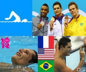 Puzzle Podium natation 50 m nage libre hommes, Florent Manaudou (France), Cullen Jones (États-Unis) et César Cielo (Brésil) - Londres 2012-