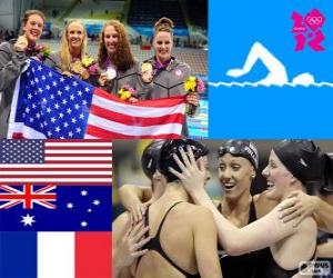 Puzzle Podium natation relais 4 × 200 m nage libre femmes, aux États-Unis, l'Australie et la France