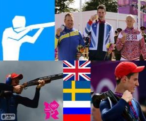 Puzzle Podium tir dDouble trap hommes, Peter Robert Wilson (Royaume Uni), Hakan Dahlby (Suède) et Vassili Mosin (Russie) - Londres 2012-