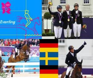 Puzzle Podium équitation concours complet individuel, Michael Jung (Allemagne), Sara Algotsson Ostholt (Suède) et Sandra Auffahrt (Allemagne) - Londres 2012-