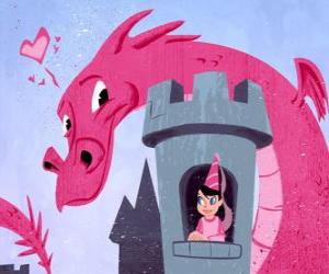 Puzzle Princesse dans son château surveillé par un grand dragon