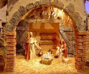 Puzzle Principale scène de la Nativité avec la Sainte Famille dans une grange