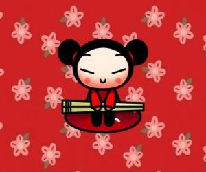 Puzzle Pucca avec les baguettes sur un fond floral