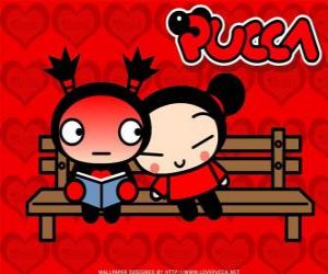 Puzzle Pucca et Garu assis sur un banc de parc