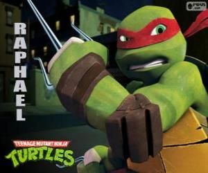 Puzzle Raphaël, la tortue Ninja plus agressif avec ses armes à la main, une paire de Sai, un poignard à trois volets