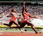 Ben Johnson vainqueur sur la ligne d'arrivée