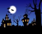 Maison hantée à l'Halloween - Pleine lune, chauves-souris