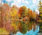 Beau paysage d’automne avec le reflet des arbres dans l’eau