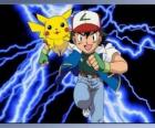 Ash, formateur de pokémon, avec son premier Pokémon Pikachu
