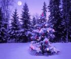 Sapins de Noël dans un paysage enneigé avec la lune dans le ciel