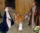 La Sainte Famille - Joseph, la Vierge Marie et l'enfant Jésus dans la crèche avec le boeuf et le mulet
