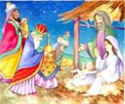 Les Trois Rois d'Orient offrint leurs dons, de l'or, l'encens et la myrrhe, l'Enfant Jésus
