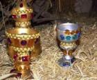 Offrandes des Rois Mages, l'or, l'encens et la myrrhe à l'Enfant Jésus