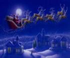 Le Père Noël dans son traîneau magique tiré par des rennes volants sur le nuit de Noël 