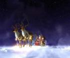 Santa Claus en volant dans son traîneau de Noël tiré par des rennes magiques