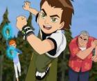 Ben 10 avec l'horloge extraterrestre Omnitrix dans la poignete avec son cousine Gwen et leur grand-père Max