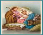 La Sainte Famille - Joseph, la Vierge Marie et l'enfant Jésus dans la crèche avec le boeuf et le mulet