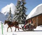 Une famille dans un traîneau tiré par un cheval pour Noël