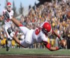 Un joueur, un wide receiver, étant lancé pour recueillir un ballon