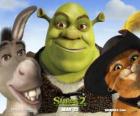 Shrek, l'ogre avec ses amis, l'Âne et le Chat Botté