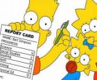 Bart Simpson avec des notes de l'école sous le regard vigilant de leurs sœurs