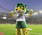 Zakumi, la mascotte de la Coupe du monde 2010, un léopard belle et amicale avec des cheveux verts