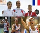 Yohann Diniz champion 50 km de marche, Grzegorz Sudol, et Sergei Bakulin (2e et 3e) de l'athlétisme européen de Barcelone 2010