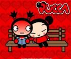 Pucca et Garu assis sur un banc de parc