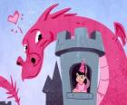 Princesse dans son château surveillé par un grand dragon