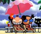Pucca, Garu et chat Mio sur la plage
