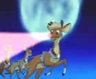 Le renne Rudolphe volant devant les rennes magiques du traîneau du Père Noël